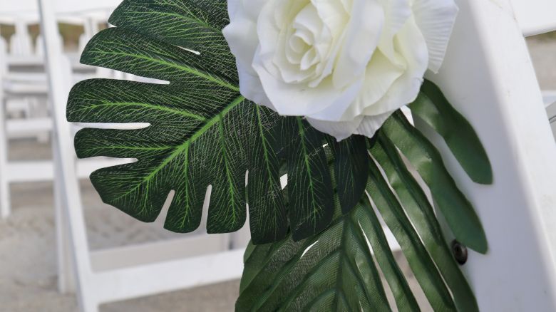 A white rose and green leaves are attached to a white wooden chair, set up outdoors, possibly for an event like a wedding, on a sandy surface.