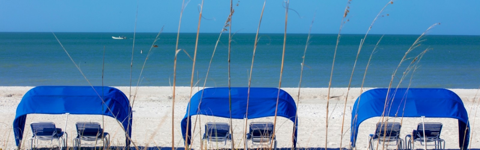 Three blue beach canopies with chairs on sandy shore, sea and sky in the background.
