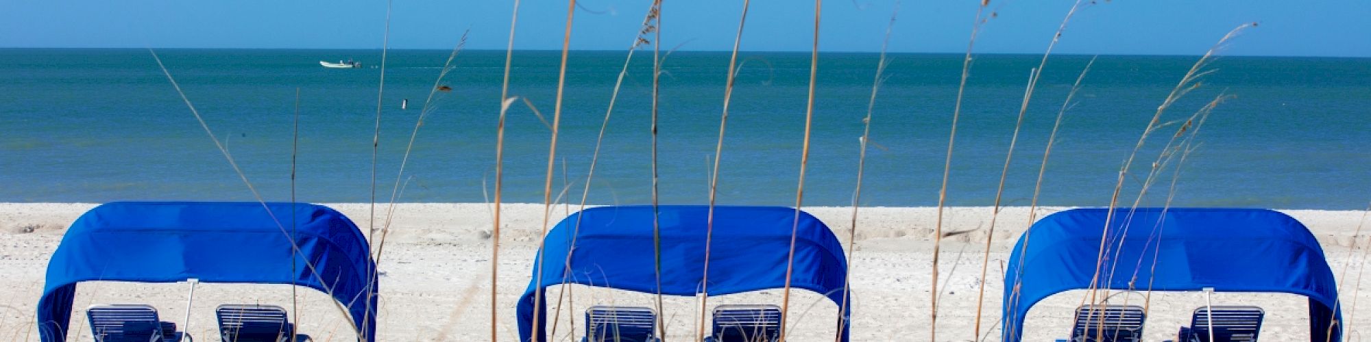 Three blue beach canopies with chairs on sandy shore, sea and sky in the background.