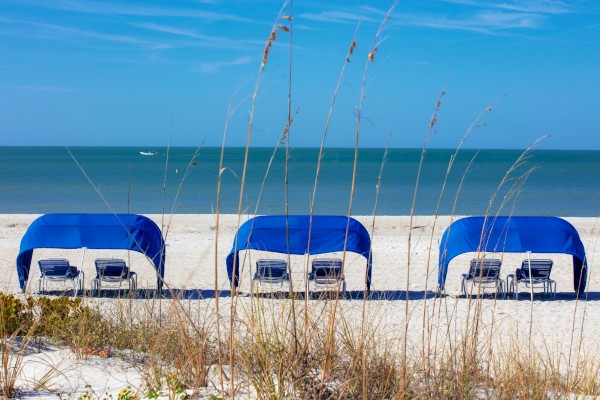 Three blue beach tents with chairs on sandy shore, sea in background, grass in front.
