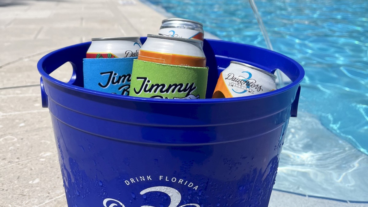 A blue bucket labeled 