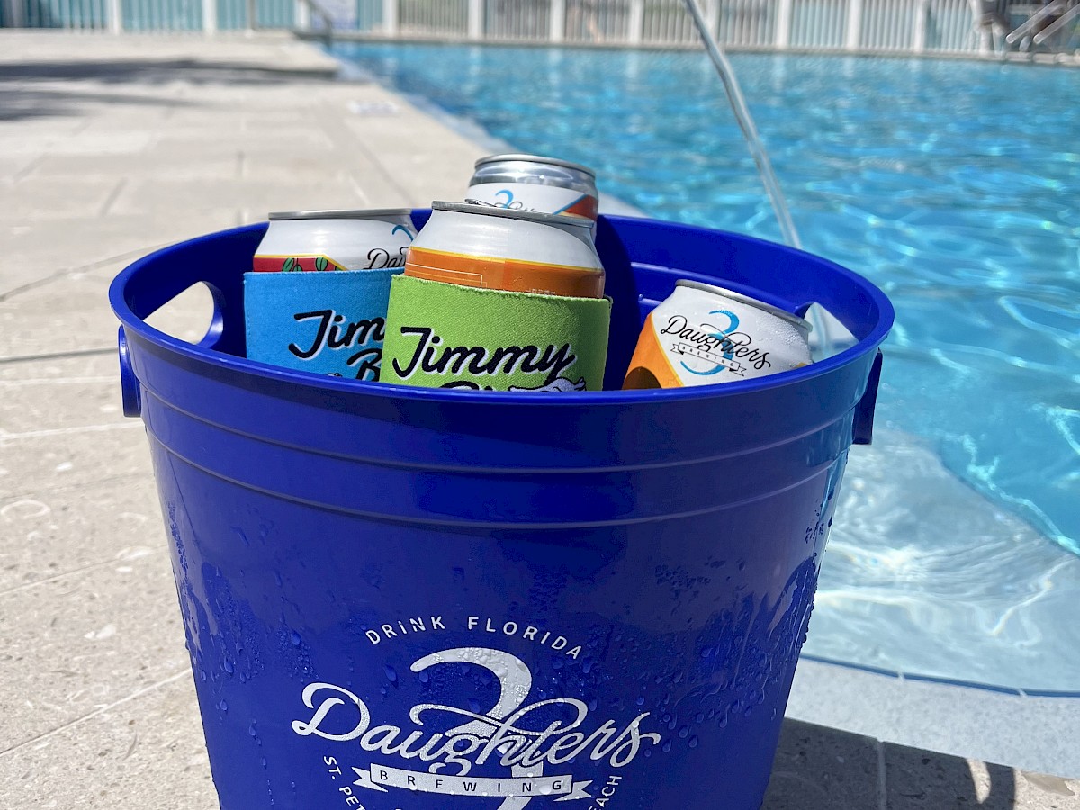 A blue bucket labeled 