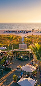 A sunny beach scene with a lively outdoor bar and many white umbrellas, palm trees, and people enjoying the shore at sunset.