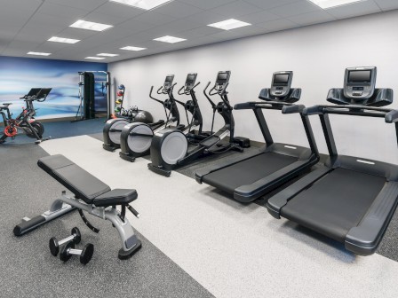 A modern gym with cardio machines, a weight bench, free weights, and various exercise equipment.