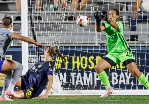 A goalkeeper in neon green saves a shot from a forward, while a defender in gray-blue and a teammate in navy react near the goal.