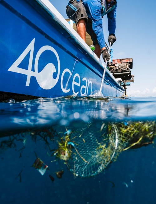 A blue boat labeled “40 Ocean” glides on calm water, a diver enters beneath the surface with a net-full of sea life underwater.